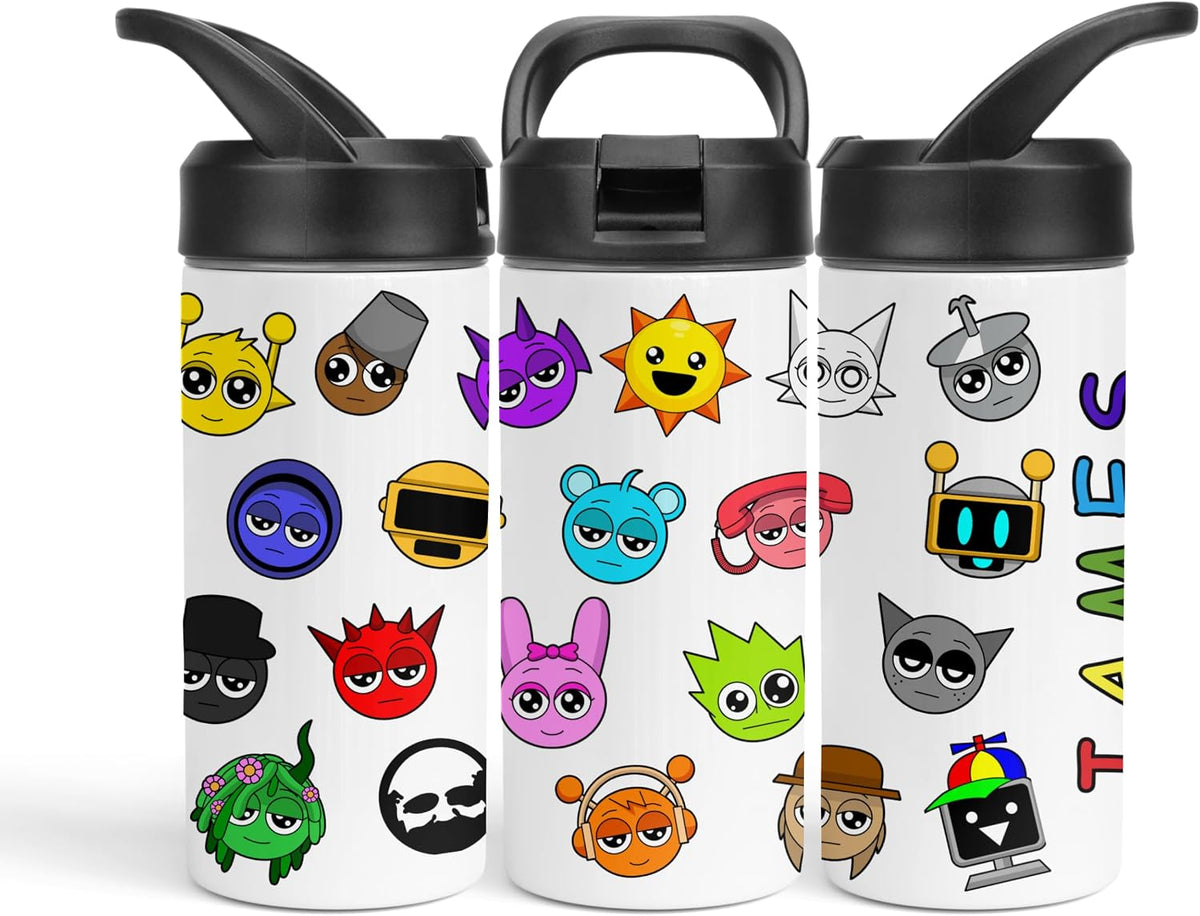 Sprunki Custom Kids Tumbler 12oz – Personalized Insulated Sports Water Bottle for School, Double Wall Vacuum Stainless Steel Cup, Custom Name Children Leak-Proof Tumbler (Black/White)