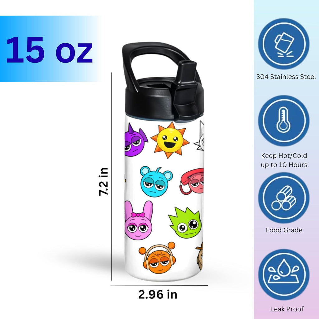 Sprunki Custom Kids Tumbler 12oz – Personalized Insulated Sports Water Bottle for School, Double Wall Vacuum Stainless Steel Cup, Custom Name Children Leak-Proof Tumbler (Black/White)