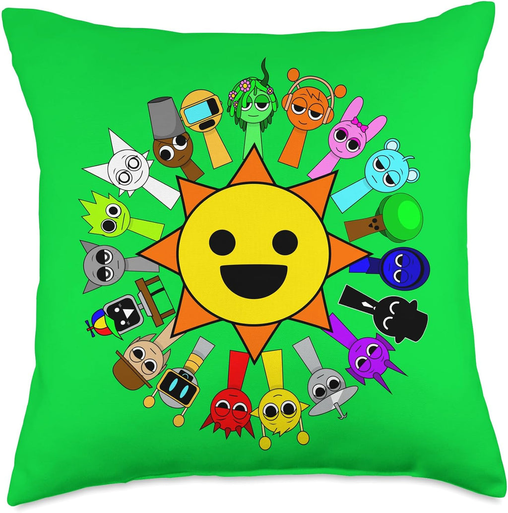 Sprunki 18x18 throw pillow featuring Mr. Sun and colorful Sprunki characters